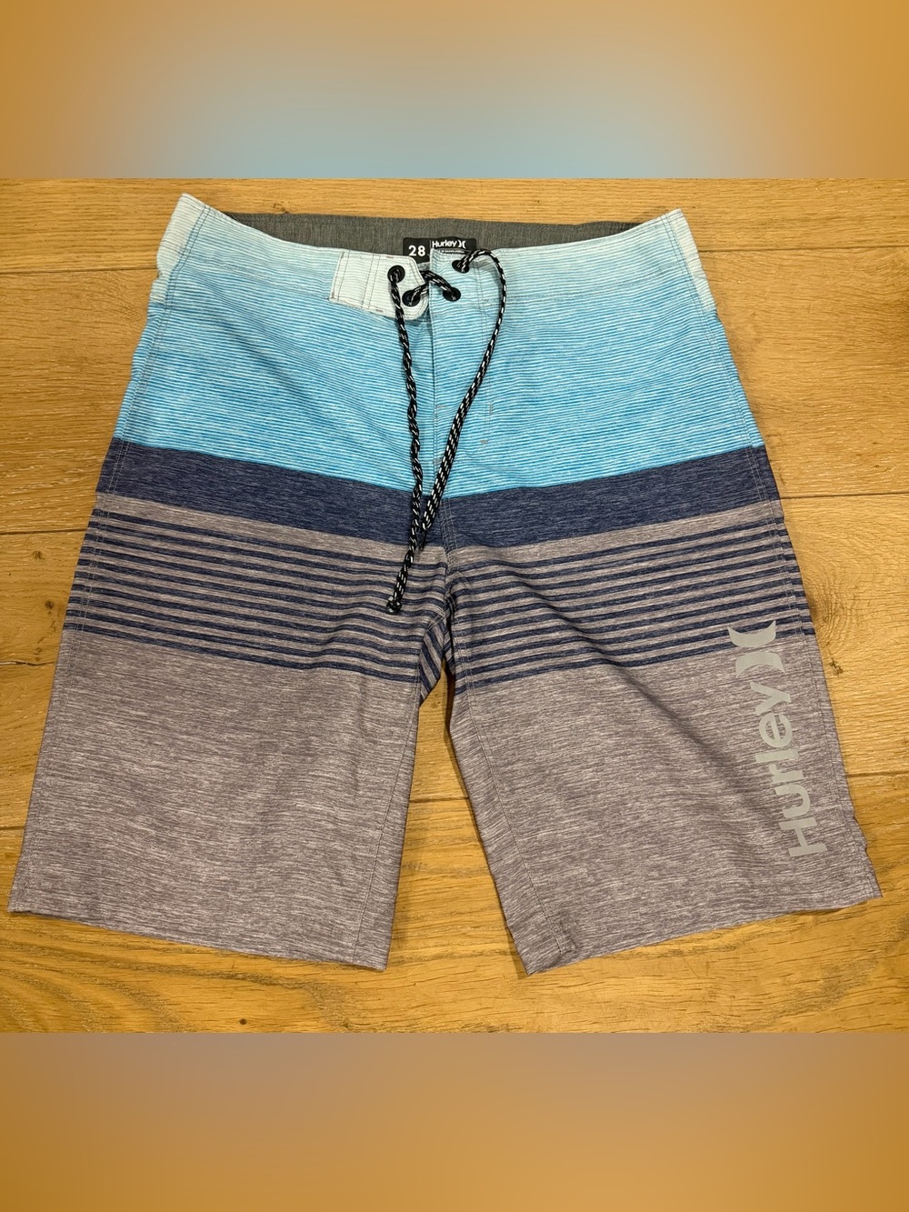 Hurley Men’s Blue and Gray Stripe Board Shorts